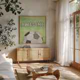 On the Field IV Awesome by Courtney Prahl. Shown in a natural wood frame in a cozy modern living room. Available as an archival giclee rolled canvas, fine art paper, or poster print. SKU 32961a.