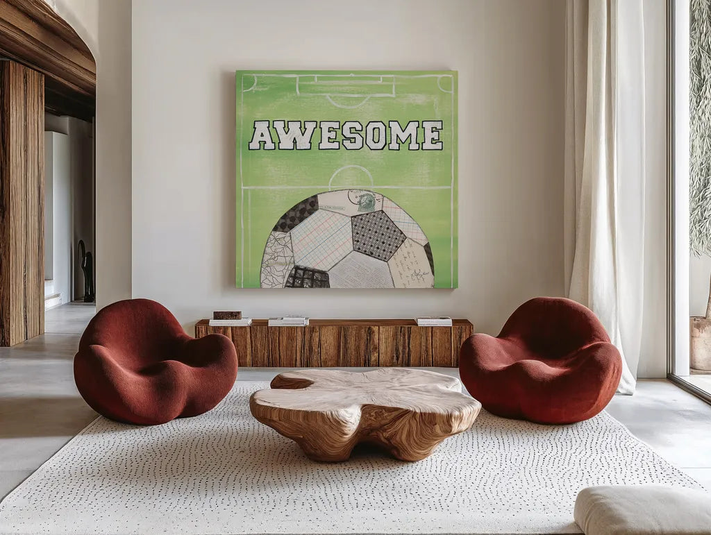 On the Field IV Awesome by Courtney Prahl. Shown as extra-large giant wall art in a modern living room. Available as an archival giclee rolled canvas, fine art paper, or poster print. SKU 32961a.