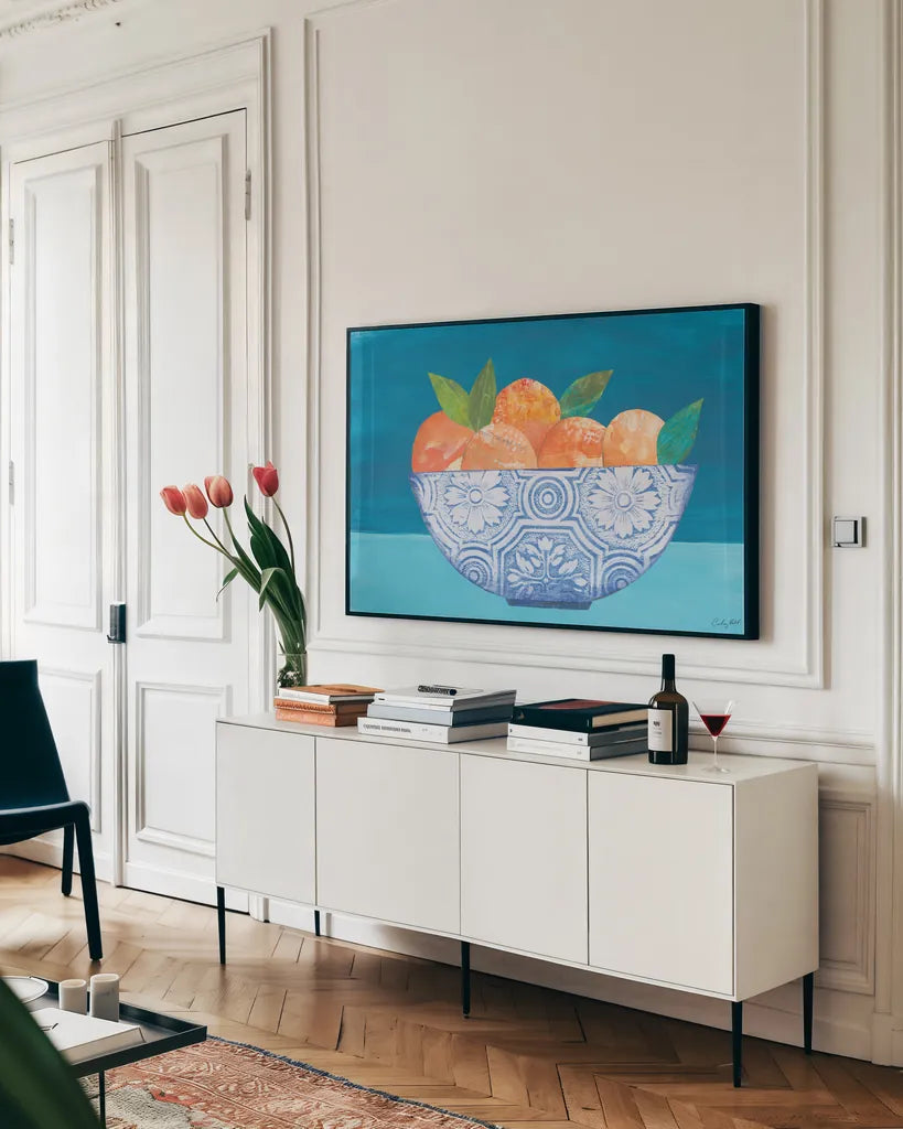 Orange Elegance by Courtney Prahl. shown as a framed stretched canvas in a living room above a console. Available as a archival giclee rolled canvas, fine art paper, or poster print. SKU 98525i.