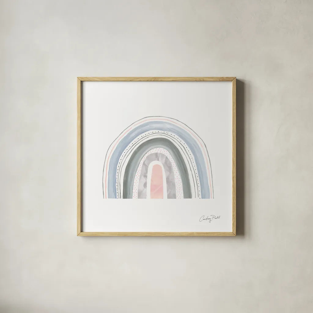 Pastel Rainbow VII by Courtney Prahl. Shown in a natural wood glass frame for a timeless modern aesthetic. Available as an archival giclee rolled canvas, fine art paper, or poster print. SKU 76380a.