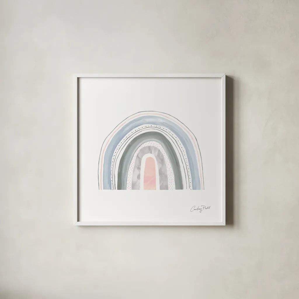 Pastel Rainbow VII by Courtney Prahl. Shown in a crisp white glass frame for a clean and minimalist style. Available as an archival giclee rolled canvas, fine art paper, or poster print. SKU 76380a.