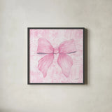 Pink Bow by Courtney Prahl. Shown in a sleek black glass frame for a contemporary gallery look. Available as an archival giclee rolled canvas, fine art paper, or poster print. SKU 101030a.