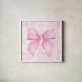 Pink Bow by Courtney Prahl. Shown in a crisp white glass frame for a clean and minimalist style. Available as an archival giclee rolled canvas, fine art paper, or poster print. SKU 101030a.