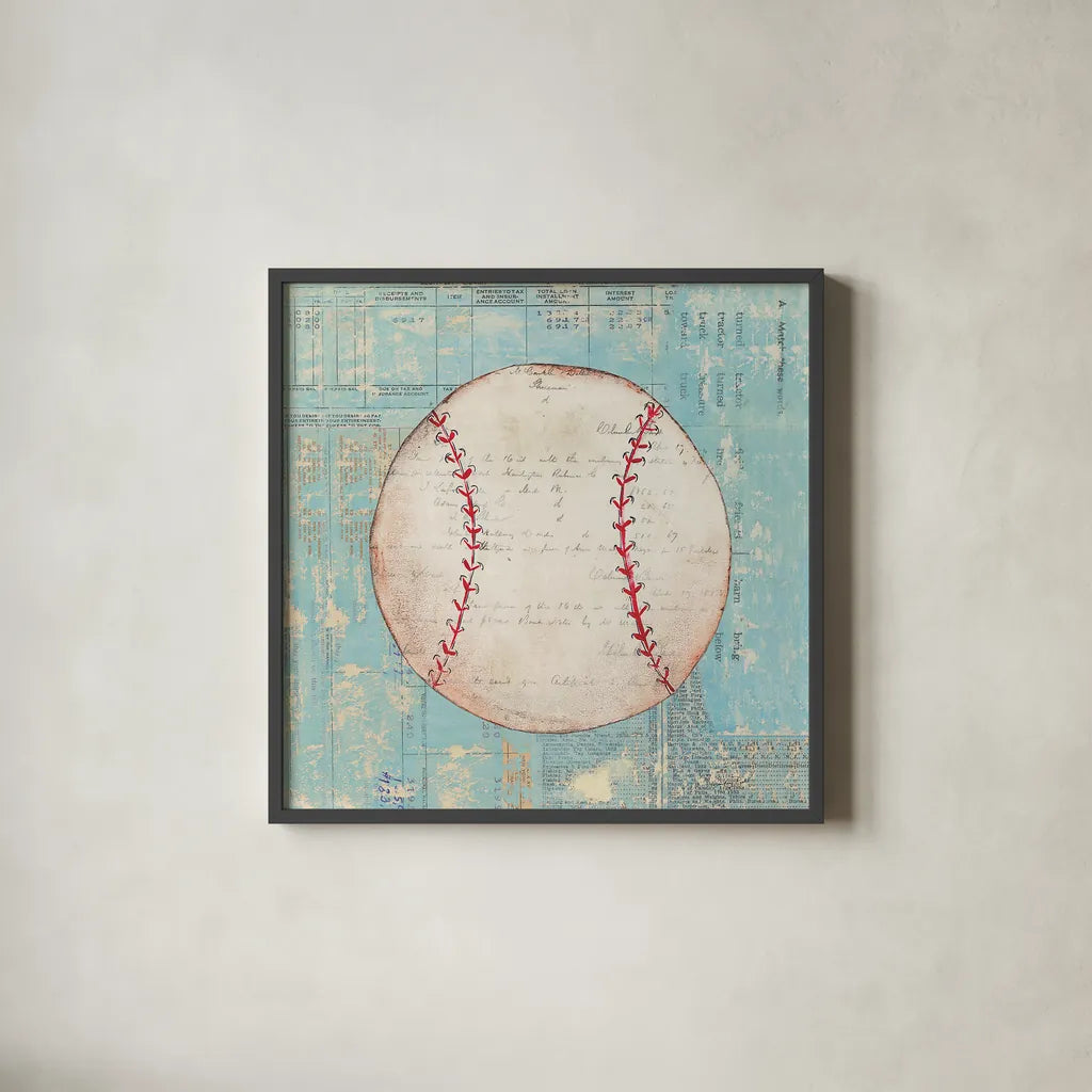 Play Ball I by Courtney Prahl. Shown in a sleek black glass frame for a contemporary gallery look. Available as an archival giclee rolled canvas, fine art paper, or poster print. SKU 13261a.