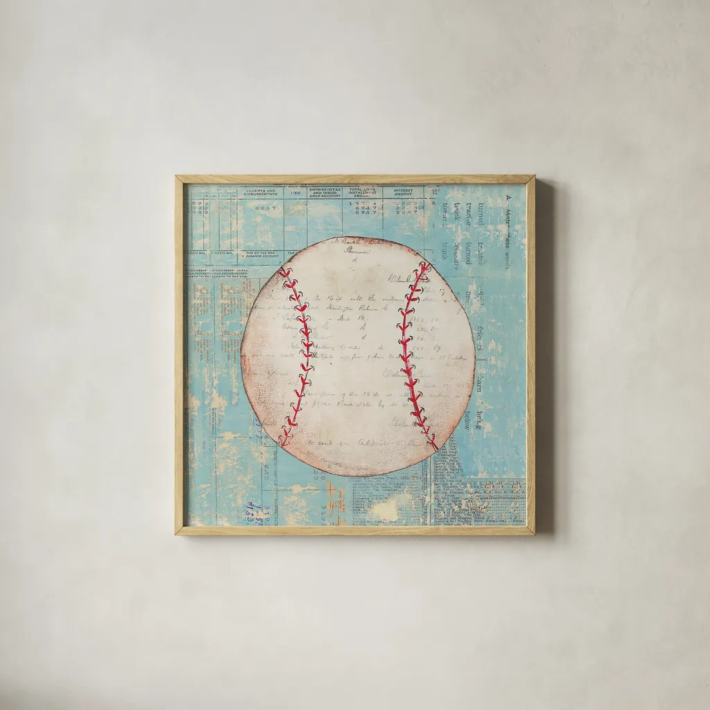 Play Ball I by Courtney Prahl. Shown in a natural wood glass frame for a timeless modern aesthetic. Available as an archival giclee rolled canvas, fine art paper, or poster print. SKU 13261a.