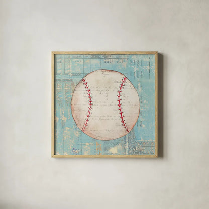 Play Ball I by Courtney Prahl. Shown in a natural wood glass frame for a timeless modern aesthetic. Available as an archival giclee rolled canvas, fine art paper, or poster print. SKU 13261a.