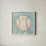 Play Ball I by Courtney Prahl. Shown in a crisp white glass frame for a clean and minimalist style. Available as an archival giclee rolled canvas, fine art paper, or poster print. SKU 13261a.