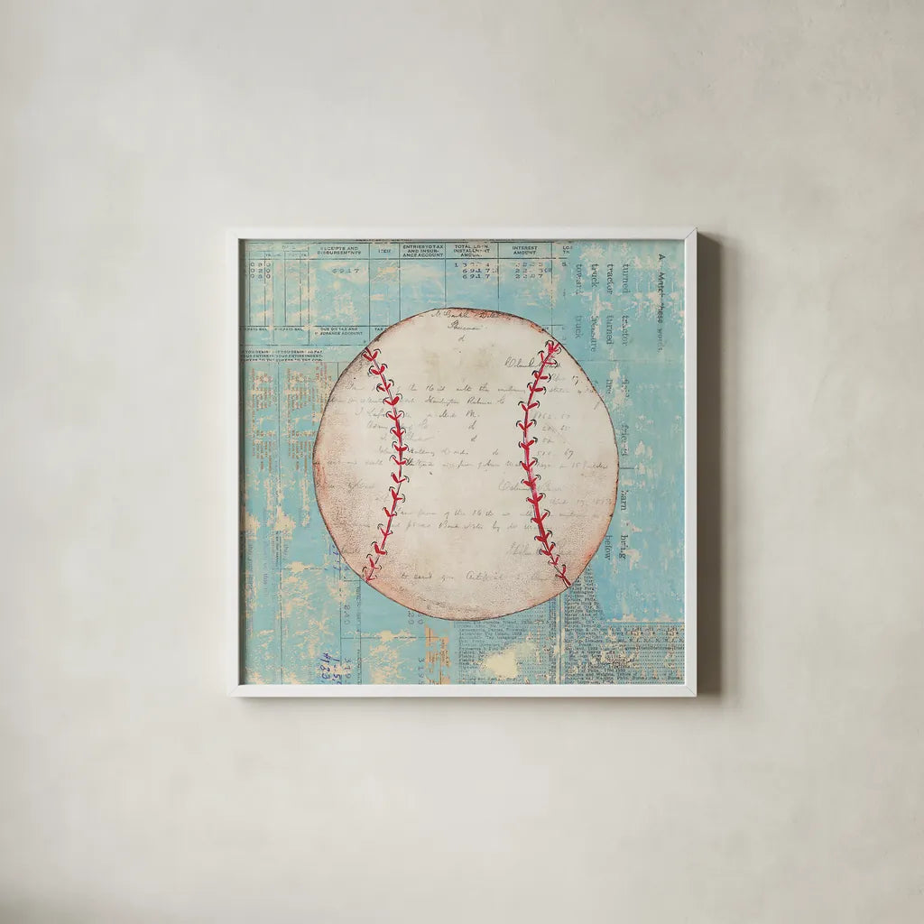 Play Ball I by Courtney Prahl. Shown in a crisp white glass frame for a clean and minimalist style. Available as an archival giclee rolled canvas, fine art paper, or poster print. SKU 13261a.