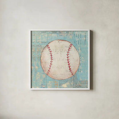 Play Ball I by Courtney Prahl. Shown in a crisp white glass frame for a clean and minimalist style. Available as an archival giclee rolled canvas, fine art paper, or poster print. SKU 13261a.