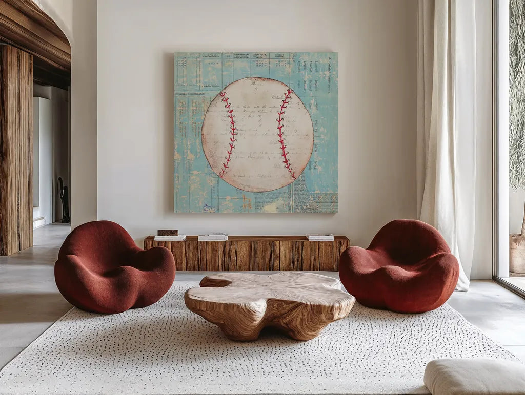 Play Ball I by Courtney Prahl. Shown as extra-large giant wall art in a modern living room. Available as an archival giclee rolled canvas, fine art paper, or poster print. SKU 13261a.