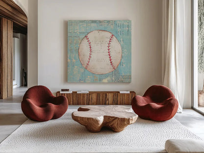 Play Ball I by Courtney Prahl. Shown as extra-large giant wall art in a modern living room. Available as an archival giclee rolled canvas, fine art paper, or poster print. SKU 13261a.