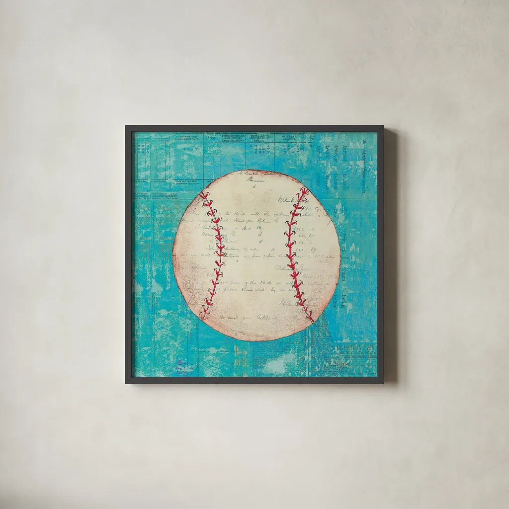 Play Ball I Bright by Courtney Prahl. Shown in a sleek black glass frame for a contemporary gallery look. Available as an archival giclee rolled canvas, fine art paper, or poster print. SKU 52409a.