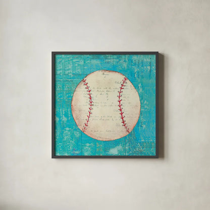 Play Ball I Bright by Courtney Prahl. Shown in a sleek black glass frame for a contemporary gallery look. Available as an archival giclee rolled canvas, fine art paper, or poster print. SKU 52409a.