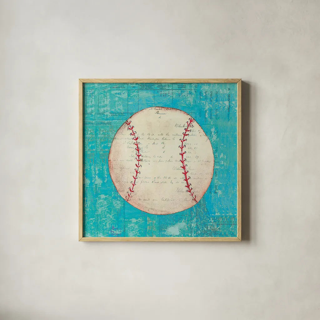 Play Ball I Bright by Courtney Prahl. Shown in a natural wood glass frame for a timeless modern aesthetic. Available as an archival giclee rolled canvas, fine art paper, or poster print. SKU 52409a.