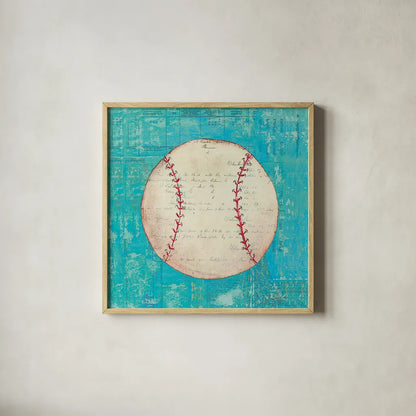 Play Ball I Bright by Courtney Prahl. Shown in a natural wood glass frame for a timeless modern aesthetic. Available as an archival giclee rolled canvas, fine art paper, or poster print. SKU 52409a.
