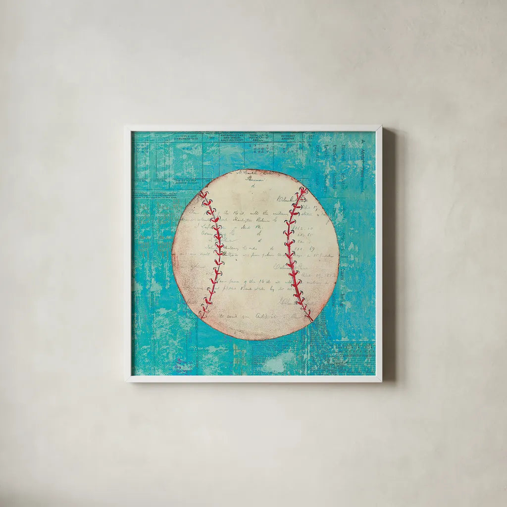 Play Ball I Bright by Courtney Prahl. Shown in a crisp white glass frame for a clean and minimalist style. Available as an archival giclee rolled canvas, fine art paper, or poster print. SKU 52409a.