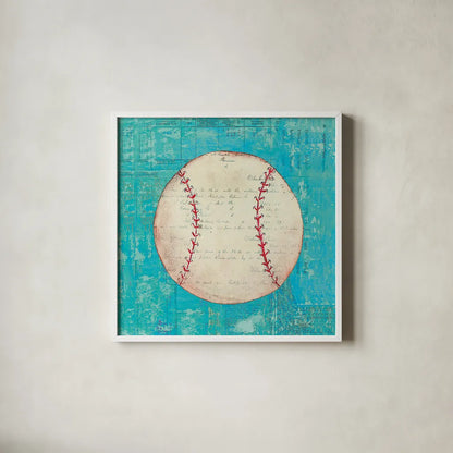 Play Ball I Bright by Courtney Prahl. Shown in a crisp white glass frame for a clean and minimalist style. Available as an archival giclee rolled canvas, fine art paper, or poster print. SKU 52409a.