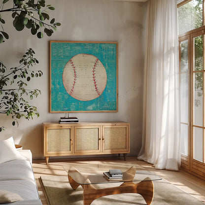 Play Ball I Bright by Courtney Prahl. Shown in a natural wood frame in a cozy modern living room. Available as an archival giclee rolled canvas, fine art paper, or poster print. SKU 52409a.