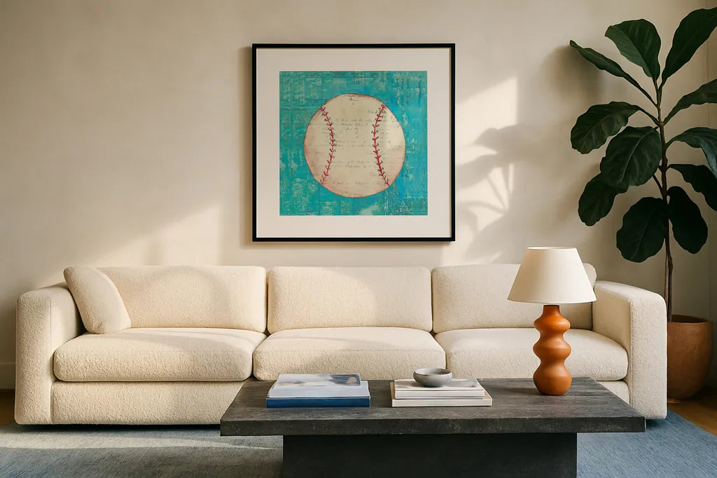 Play Ball I Bright by Courtney Prahl. Displayed in a glass frame with matte in a clean modern living room. Available as an archival giclee rolled canvas, fine art paper, or poster print. SKU 52409a.