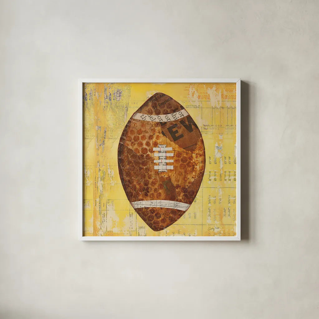 Play Ball II by Courtney Prahl. Shown in a crisp white glass frame for a clean and minimalist style. Available as an archival giclee rolled canvas, fine art paper, or poster print. SKU 13262a.
