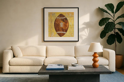 Play Ball II by Courtney Prahl. Displayed in a glass frame with matte in a clean modern living room. Available as an archival giclee rolled canvas, fine art paper, or poster print. SKU 13262a.