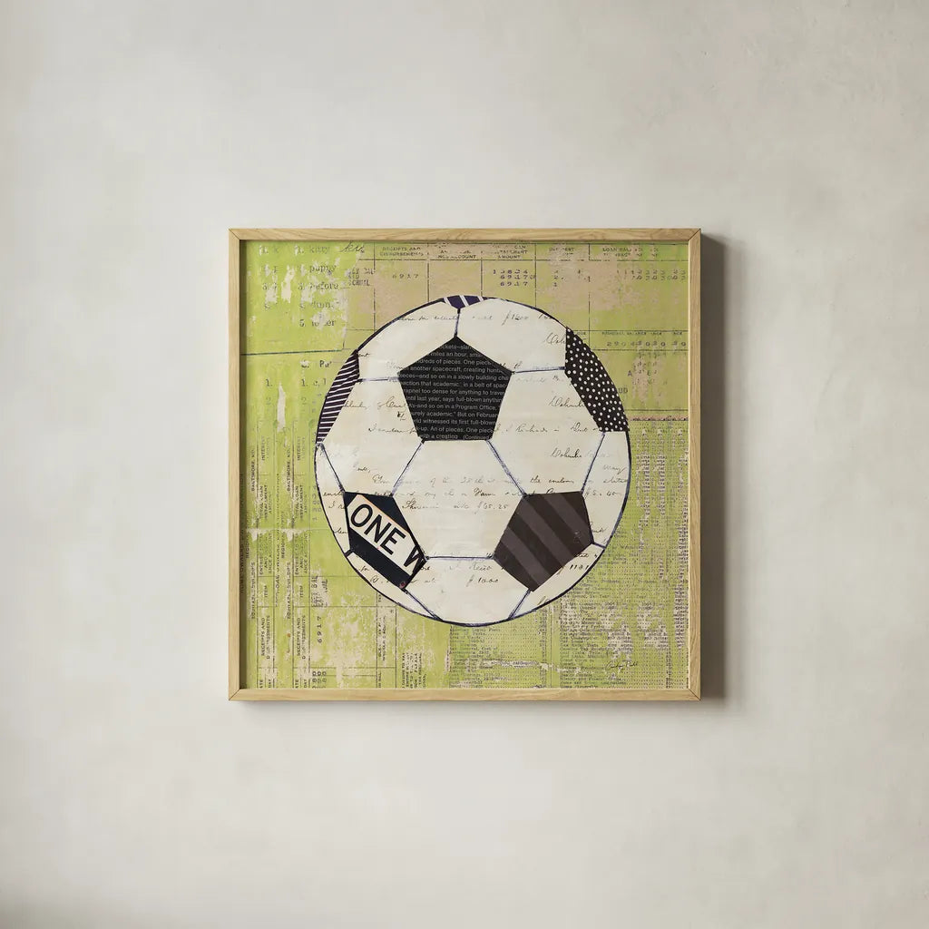 Play Ball III by Courtney Prahl. Shown in a natural wood glass frame for a timeless modern aesthetic. Available as an archival giclee rolled canvas, fine art paper, or poster print. SKU 13263a.