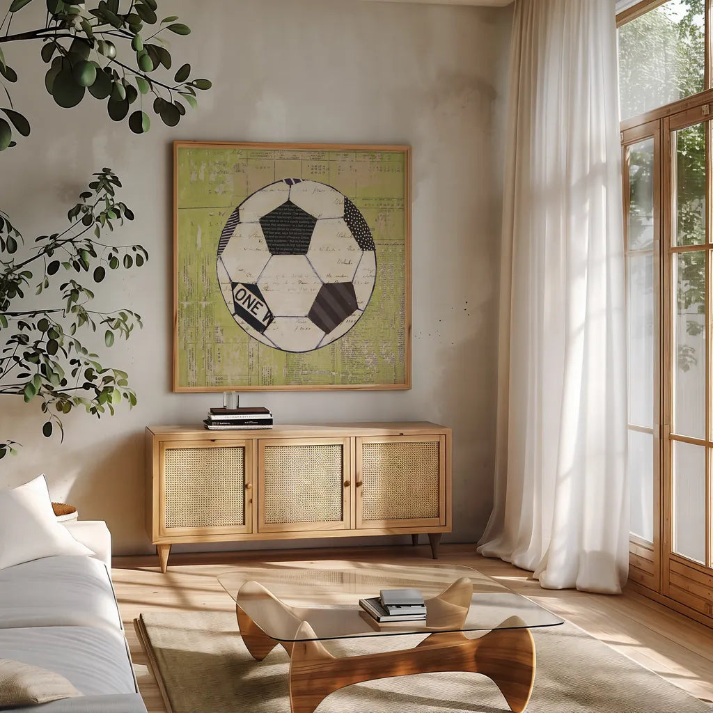 Play Ball III by Courtney Prahl. Shown in a natural wood frame in a cozy modern living room. Available as an archival giclee rolled canvas, fine art paper, or poster print. SKU 13263a.