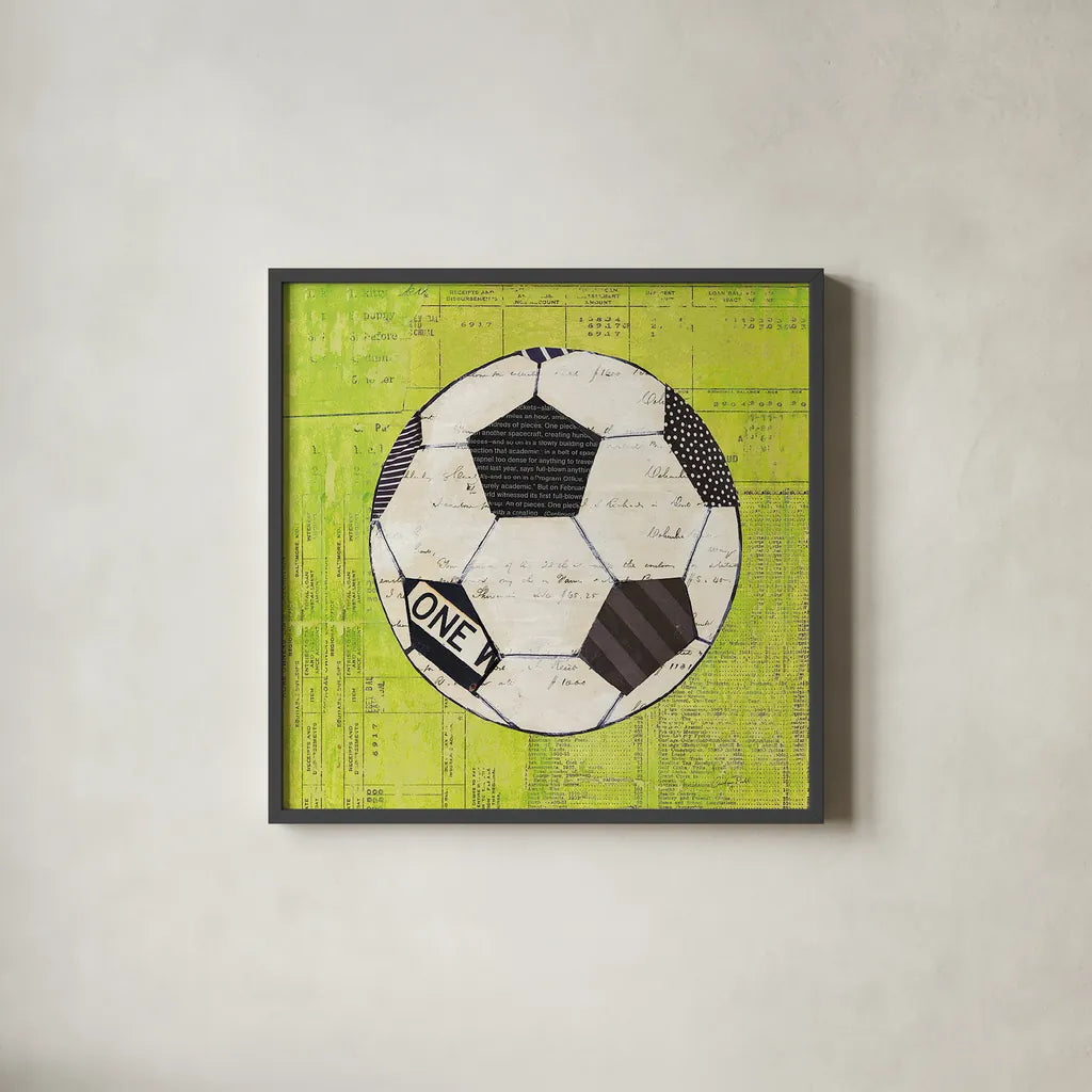 Play Ball III Bright by Courtney Prahl. Shown in a sleek black glass frame for a contemporary gallery look. Available as an archival giclee rolled canvas, fine art paper, or poster print. SKU 52411a.