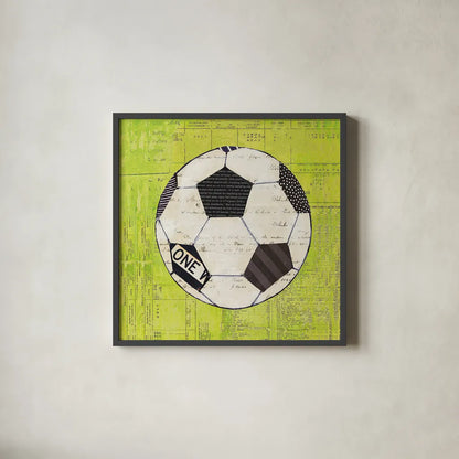Play Ball III Bright by Courtney Prahl. Shown in a sleek black glass frame for a contemporary gallery look. Available as an archival giclee rolled canvas, fine art paper, or poster print. SKU 52411a.