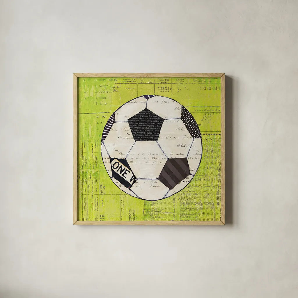 Play Ball III Bright by Courtney Prahl. Shown in a natural wood glass frame for a timeless modern aesthetic. Available as an archival giclee rolled canvas, fine art paper, or poster print. SKU 52411a.
