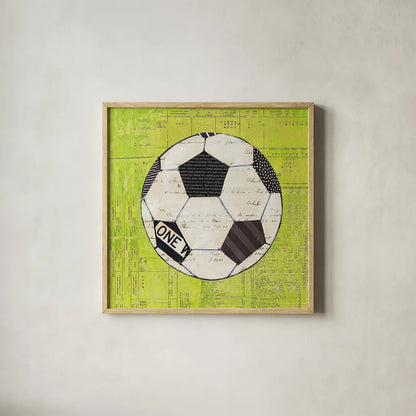 Play Ball III Bright by Courtney Prahl. Shown in a natural wood glass frame for a timeless modern aesthetic. Available as an archival giclee rolled canvas, fine art paper, or poster print. SKU 52411a.