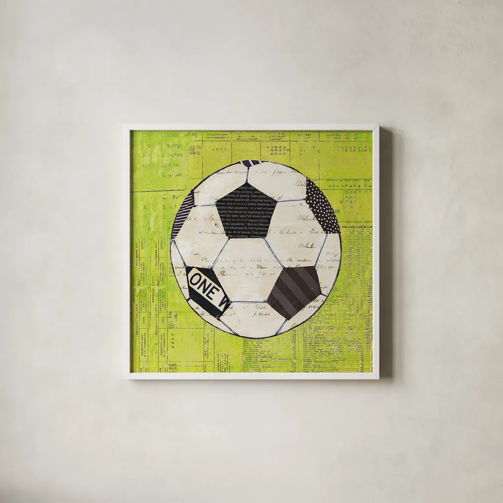 Play Ball III Bright by Courtney Prahl. Shown in a crisp white glass frame for a clean and minimalist style. Available as an archival giclee rolled canvas, fine art paper, or poster print. SKU 52411a.