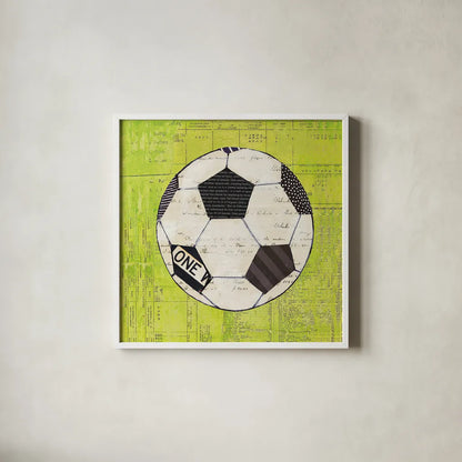 Play Ball III Bright by Courtney Prahl. Shown in a crisp white glass frame for a clean and minimalist style. Available as an archival giclee rolled canvas, fine art paper, or poster print. SKU 52411a.