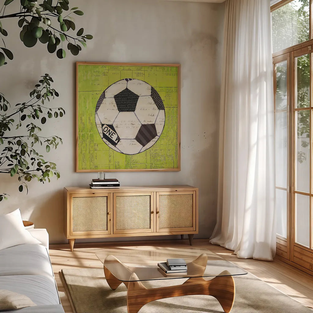 Play Ball III Bright by Courtney Prahl. Shown in a natural wood frame in a cozy modern living room. Available as an archival giclee rolled canvas, fine art paper, or poster print. SKU 52411a.