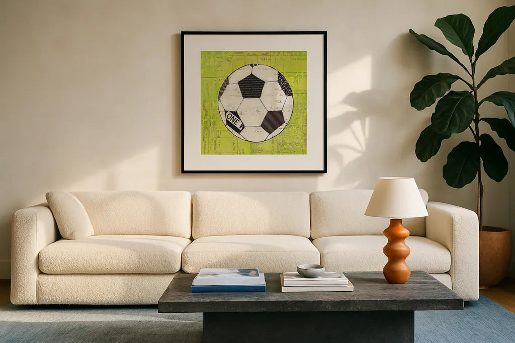 Play Ball III Bright by Courtney Prahl. Displayed in a glass frame with matte in a clean modern living room. Available as an archival giclee rolled canvas, fine art paper, or poster print. SKU 52411a.