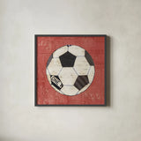 Play Ball III Red by Courtney Prahl. Shown in a sleek black glass frame for a contemporary gallery look. Available as an archival giclee rolled canvas, fine art paper, or poster print. SKU 63512a.