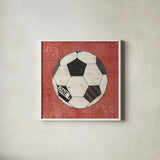 Play Ball III Red by Courtney Prahl. Shown in a crisp white glass frame for a clean and minimalist style. Available as an archival giclee rolled canvas, fine art paper, or poster print. SKU 63512a.