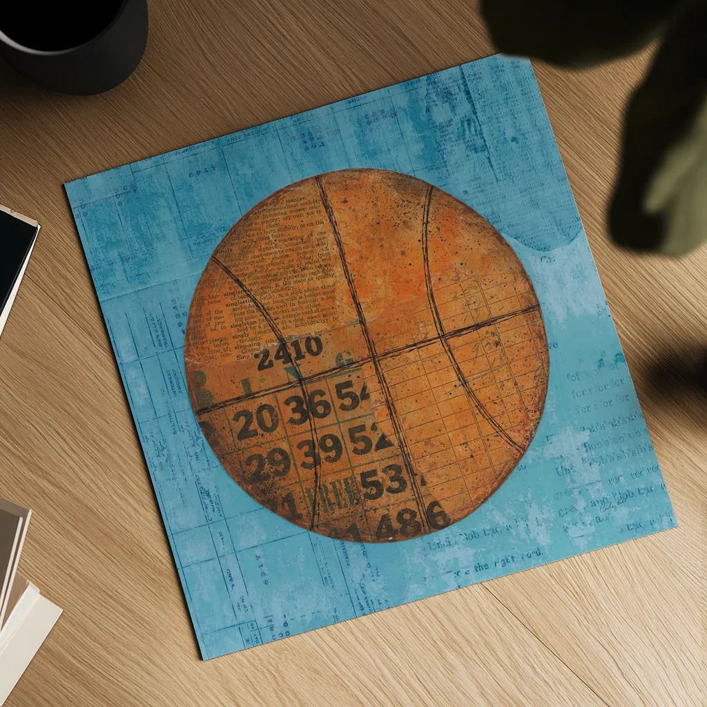 Play Ball IV Blue by Courtney Prahl. Shown as a detailed flat fine art print, highlighting archival giclee quality. Available as an archival giclee rolled canvas, fine art paper, or poster print. SKU 63513a.