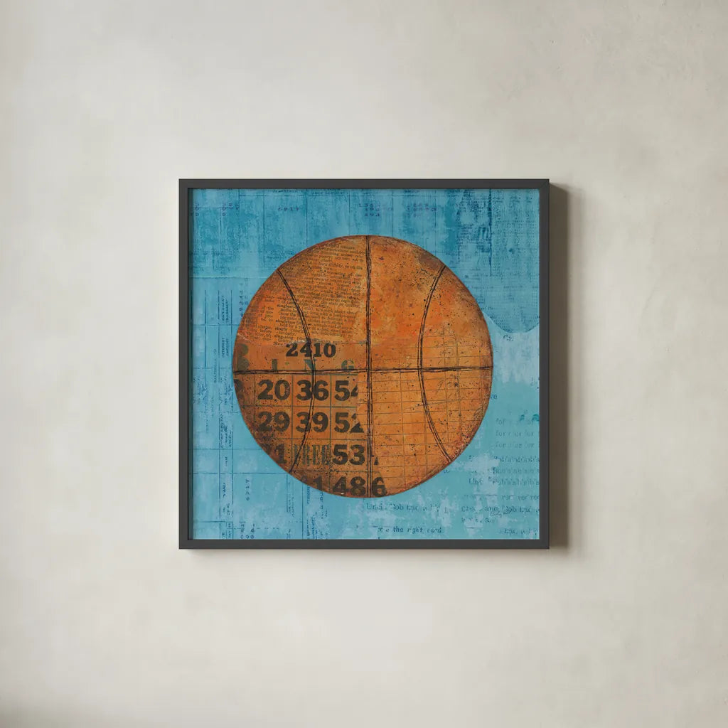Play Ball IV Blue by Courtney Prahl. Shown in a sleek black glass frame for a contemporary gallery look. Available as an archival giclee rolled canvas, fine art paper, or poster print. SKU 63513a.