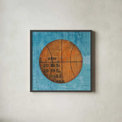 Play Ball IV Blue by Courtney Prahl. Shown in a sleek black glass frame for a contemporary gallery look. Available as an archival giclee rolled canvas, fine art paper, or poster print. SKU 63513a.