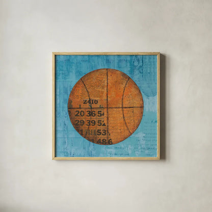 Play Ball IV Blue by Courtney Prahl. Shown in a natural wood glass frame for a timeless modern aesthetic. Available as an archival giclee rolled canvas, fine art paper, or poster print. SKU 63513a.