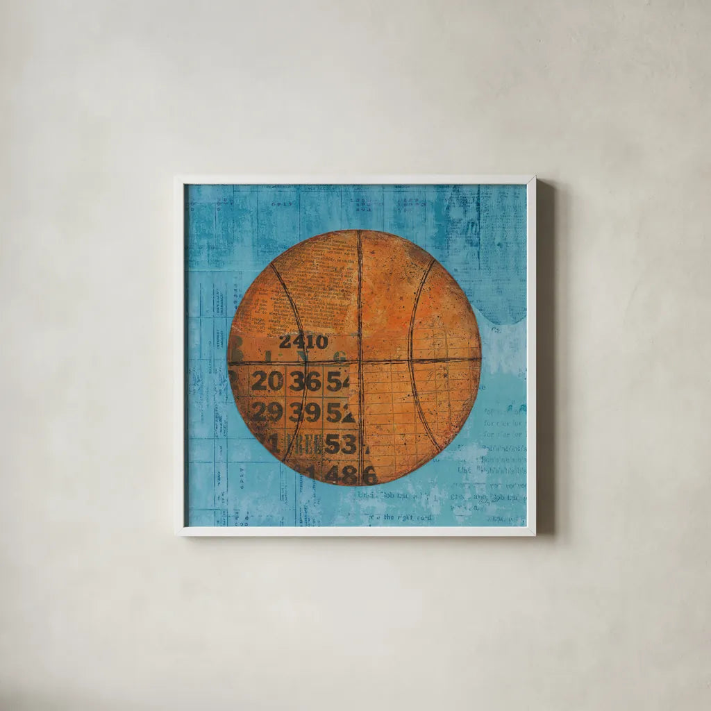 Play Ball IV Blue by Courtney Prahl. Shown in a crisp white glass frame for a clean and minimalist style. Available as an archival giclee rolled canvas, fine art paper, or poster print. SKU 63513a.