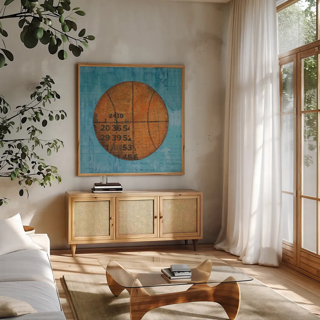 Play Ball IV Blue by Courtney Prahl. Shown in a natural wood frame in a cozy modern living room. Available as an archival giclee rolled canvas, fine art paper, or poster print. SKU 63513a.