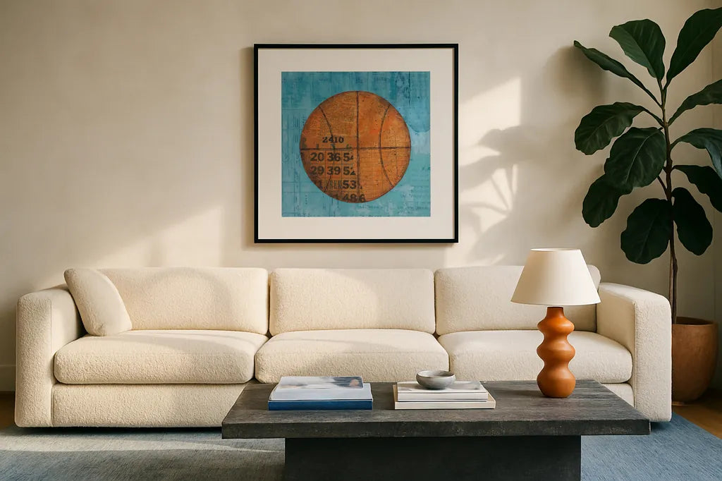 Play Ball IV Blue by Courtney Prahl. Displayed in a glass frame with matte in a clean modern living room. Available as an archival giclee rolled canvas, fine art paper, or poster print. SKU 63513a.