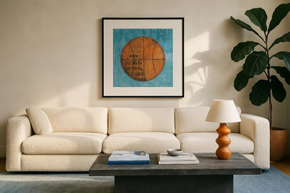 Play Ball IV Blue by Courtney Prahl. Displayed in a glass frame with matte in a clean modern living room. Available as an archival giclee rolled canvas, fine art paper, or poster print. SKU 63513a.