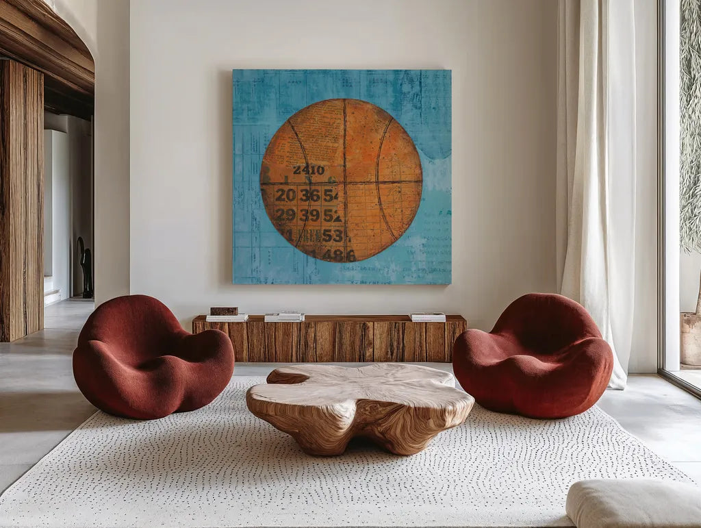 Play Ball IV Blue by Courtney Prahl. Shown as extra-large giant wall art in a modern living room. Available as an archival giclee rolled canvas, fine art paper, or poster print. SKU 63513a.