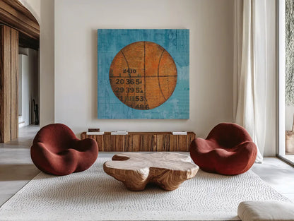 Play Ball IV Blue by Courtney Prahl. Shown as extra-large giant wall art in a modern living room. Available as an archival giclee rolled canvas, fine art paper, or poster print. SKU 63513a.