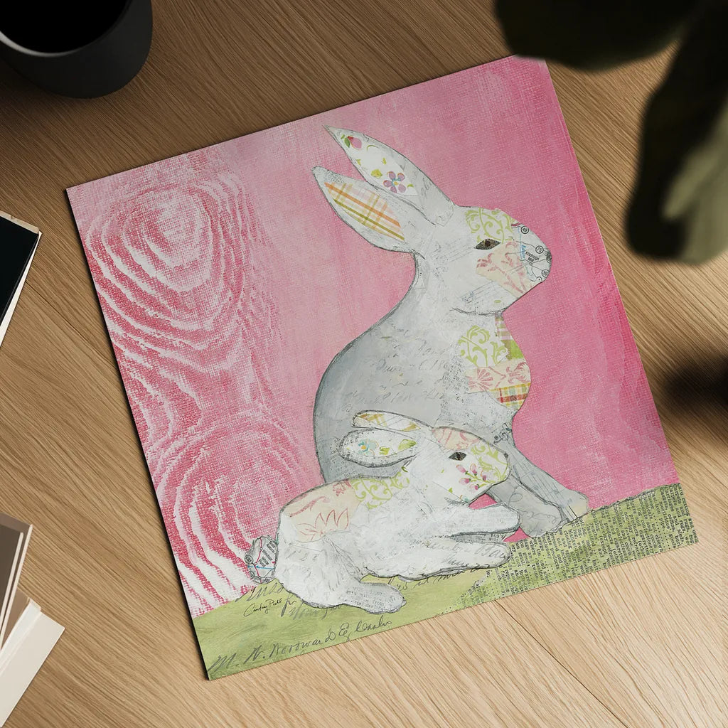 Rabbit Family Square by Courtney Prahl. Shown as a detailed flat fine art print, highlighting archival giclee quality. Available as an archival giclee rolled canvas, fine art paper, or poster print. SKU 52389a.