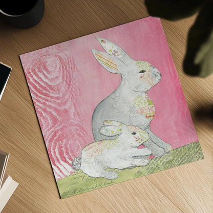 Rabbit Family Square by Courtney Prahl. Shown as a detailed flat fine art print, highlighting archival giclee quality. Available as an archival giclee rolled canvas, fine art paper, or poster print. SKU 52389a.