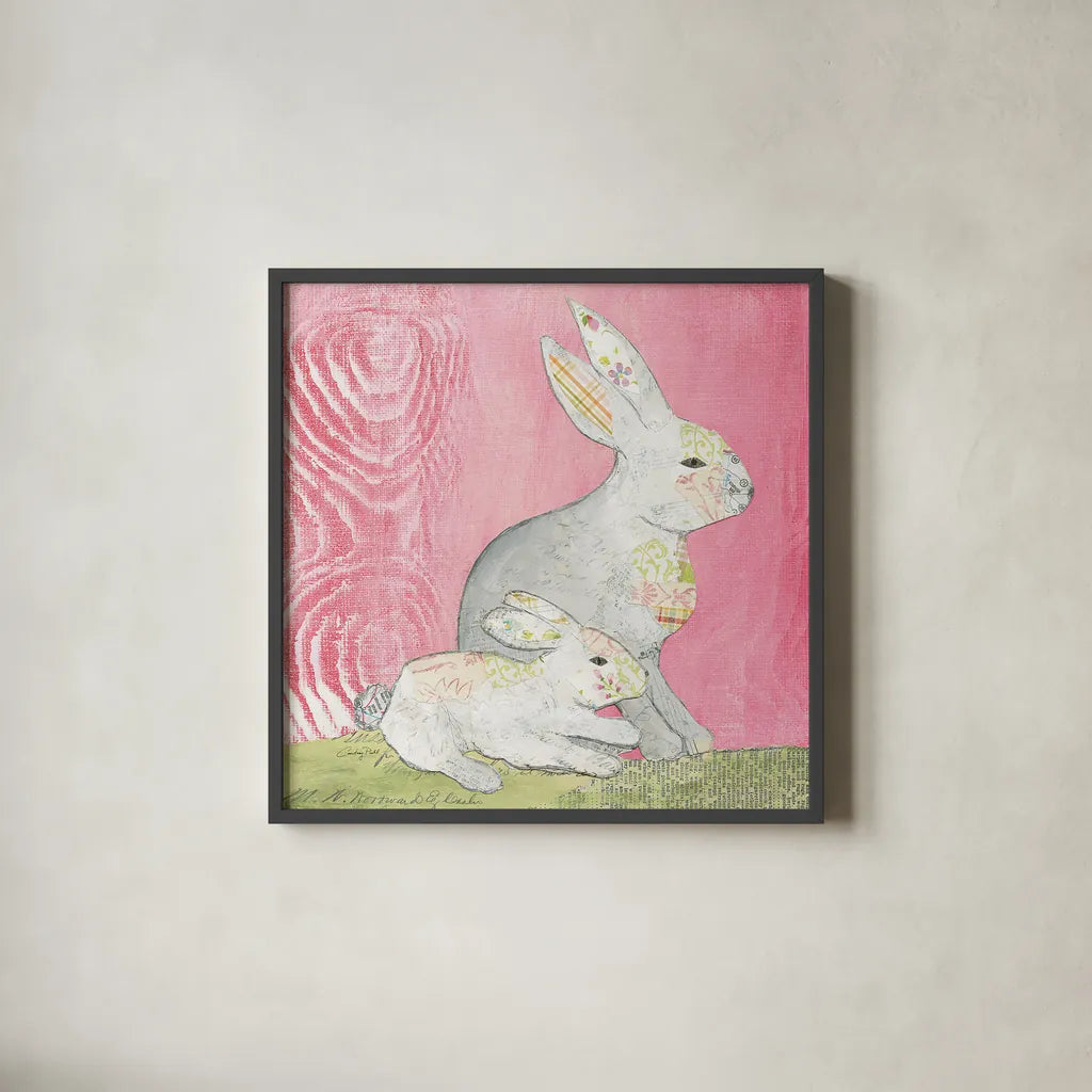 Rabbit Family Square by Courtney Prahl. Shown in a sleek black glass frame for a contemporary gallery look. Available as an archival giclee rolled canvas, fine art paper, or poster print. SKU 52389a.